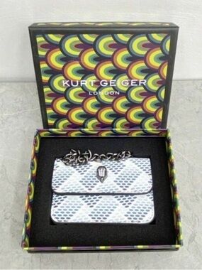 Kurt Geiger Light Blue Patterned Micro Shoulder Bag with Gunmetal Chain